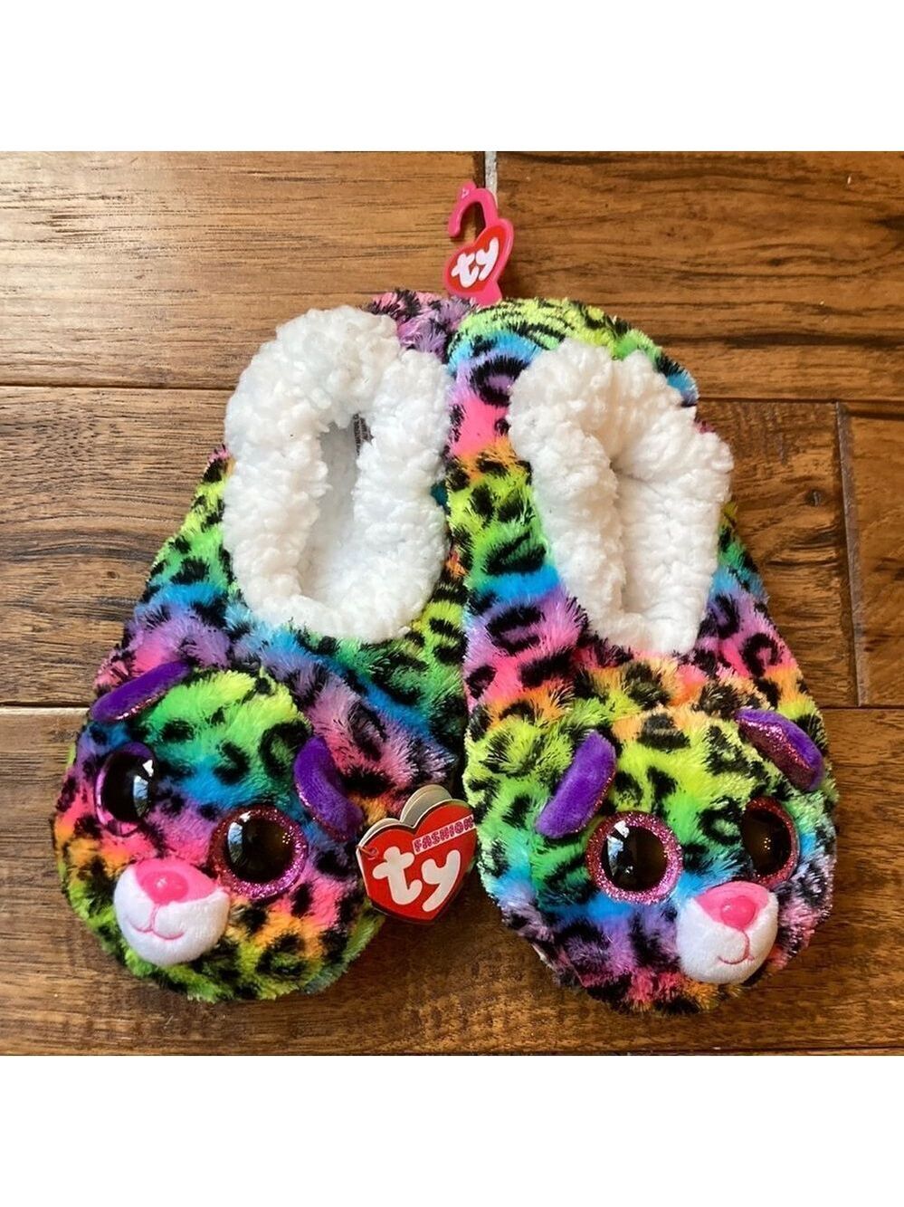 TY Beanie Boos Dottie Slippers Rainbow Leopard Youth Kids Size 4-6 New NWT